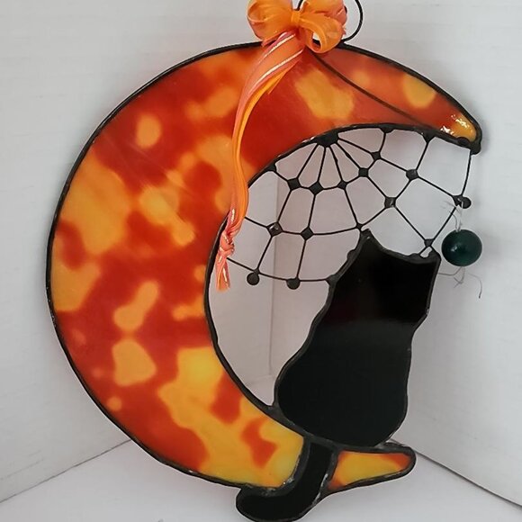 Stained Glass Cat On Moon With Spider Web-NICE! - Picture 1 of 5